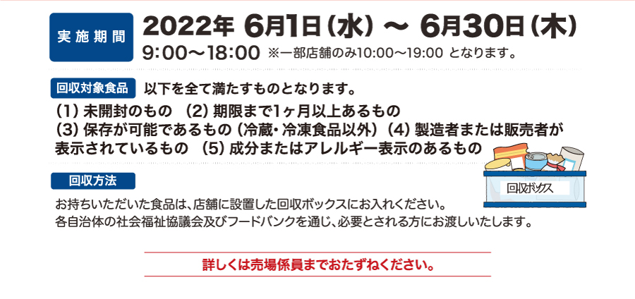 回収対象食品は（1）未開封のもの（2）期限まで1ヶ月以上あるもの（3）保存が可能であるもの（冷蔵・冷凍食品以外）（4）製造者または販売者が
表示されているもの（5）成分またはアレルギー表示のあるものとなり、各自治体の社会福祉協議会及びフードバンクを通じ、必要とされる方にお渡しいたします。詳しくは、売り場係員へおたずねください。